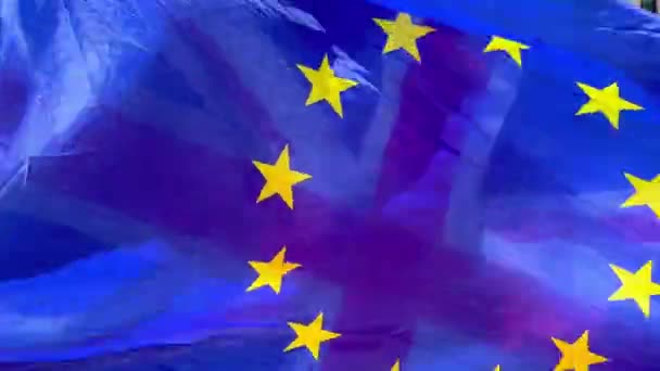 Ευρωπαϊκή Και Βρετανική Σημαία Κυματίζει Στον Άνεμο Ταξιδιωτική Φωτογραφία — Αρχείο Βίντεο