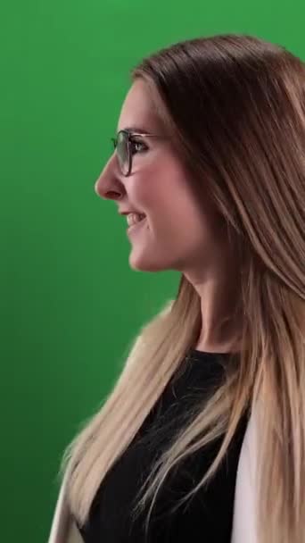 Happy Woman Smiles Camera Green Screen Shot Vertical Video — Wideo stockowe