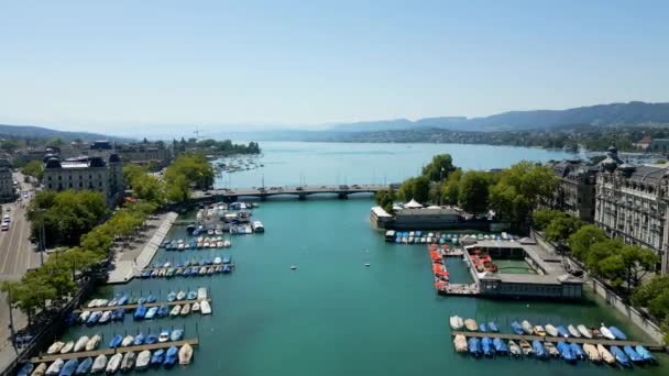 Boats Marina River Limmat City Zurich Aerial View — ストック動画