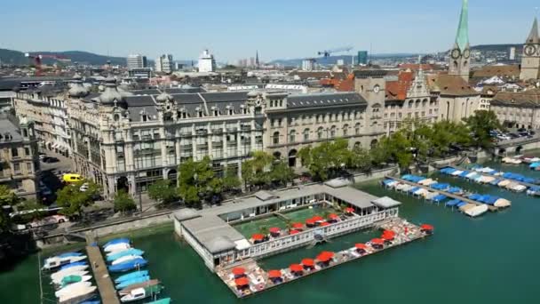 Boats Marina River Limmat City Zurich Aerial View — Αρχείο Βίντεο