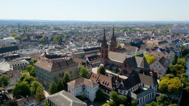 Stad Bazel Zwitserland Van Bovenaf Met Basel Minster Kathedraal — Stockvideo
