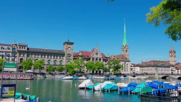 View Beautiful Old Town Zurich Switzerland Limmatquai — Vídeo de Stock