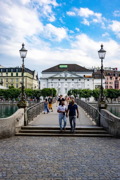 Pedestrian Bridge River Reuss Old Town Lucerne Lucerne Switzerland Europe — Stock Photo, Image