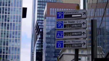 Direction siigns to Parking lots in the city of Frankfurt - FRANKFURT MAIN, GERMANY - JULY 12, 2022