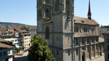 Twin towers of Grossmunster Cathedral in the City of Zurich in Switzerland - travel photography
