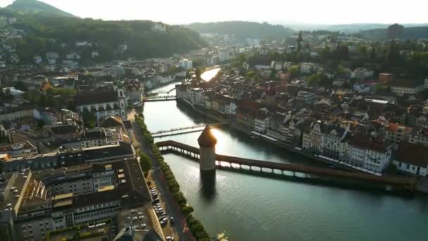 River Reuss Historic District Lucerne Switzerland Aerial View Travel Photography — 图库视频影像