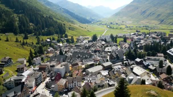 Vlucht Het Dorp Andermatt Zwitserland Luchtfoto Reizen — Stockvideo