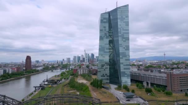 Ecb Menara Bank Sentral Eropa Kota Frankfurt Pemandangan Udara City — Stok Video