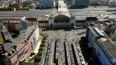 The trams and public transport of Basel at Central station in Basel Switzerland - view from above - travel photography