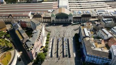 The trams and public transport of Basel at Central station in Basel Switzerland - view from above - travel photography