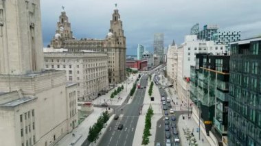 Flight over The Strand in Liverpool - the famous street at Pier Head - drone photography