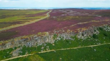 Beautiful heather in the Peak District National Park - aerial view - drone photography