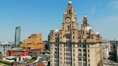 Aerial view over Pier Head and the Royal Liver Building in Liverpool - drone photography