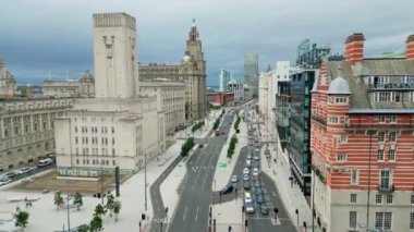 Flight over The Strand in Liverpool - the famous street at Pier Head - drone photography