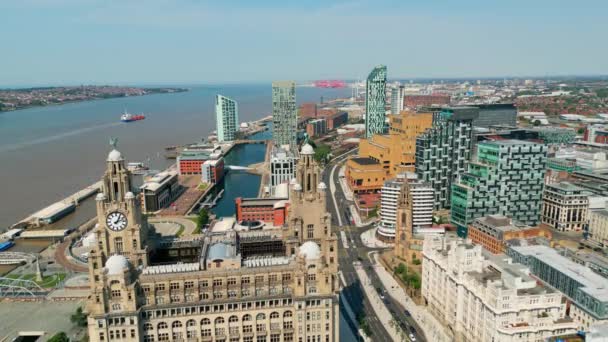 Flight City Liverpool Three Graces Drone Photography — Stockvideo
