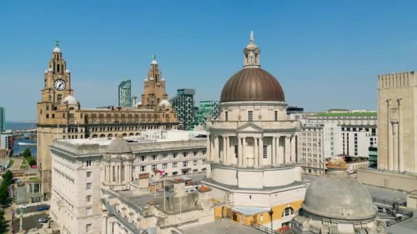 Famous Port Liverpool Building Pier Head Aerial View Drone Photography — Αρχείο Βίντεο