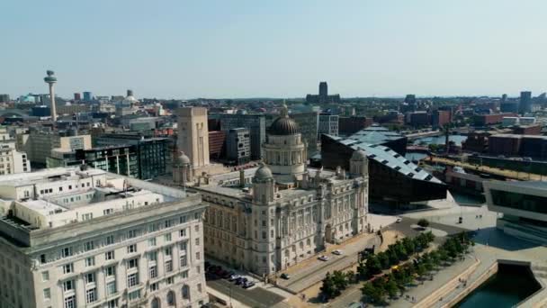 Aerial View Liverpool Pier Head Three Graces Drone Photography — 비디오