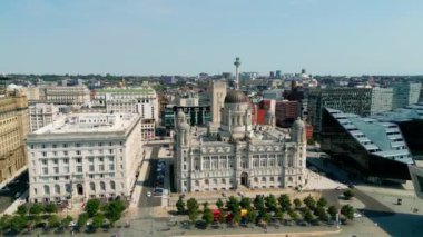 Aerial view over Liverpool Pier Head and the Three Graces - drone photography