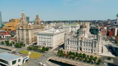 Aerial view over Liverpool Pier Head and the Three Graces - drone photography