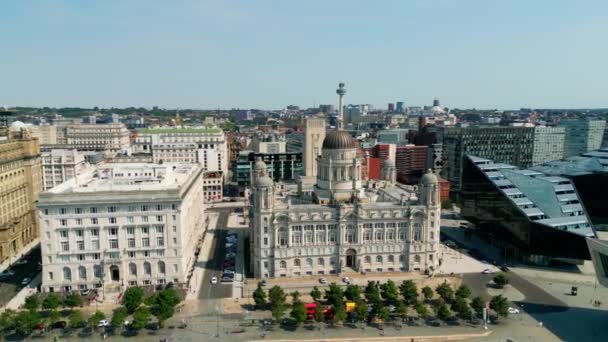Aerial View Liverpool Pier Head Three Graces Drone Photography — Stockvideo