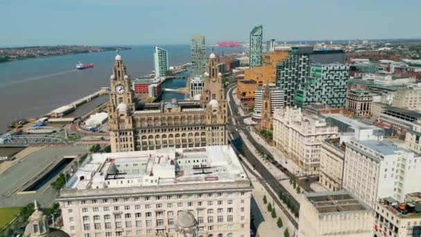 Flight City Liverpool Three Graces Drone Photography — Stockvideo