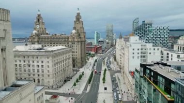 Flight over the Strand in Liverpool - the famous street at the docks - LIVERPOOL, UNITED KINGDOM - AUGUST 16, 2022