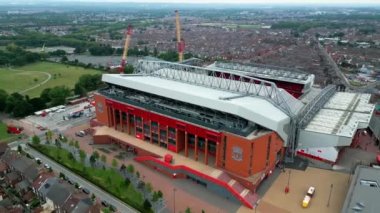 Anfield stadium of FC Liverpool from above - aerial view - LIVERPOOL, UNITED KINGDOM - AUGUST 16, 2022