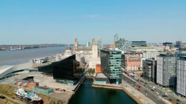 Flight over Pier Head in Liverpool - LIVERPOOL, UNITED KINGDOM - AUGUST 16, 2022