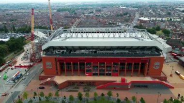 Anfield stadium of FC Liverpool from above - aerial view - LIVERPOOL, UNITED KINGDOM - AUGUST 16, 2022