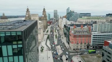 Aerial view over the city of Liverpool with Strand Boulevard from above - LIVERPOOL, UNITED KINGDOM - AUGUST 16, 2022