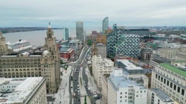 Aerial view over the city of Liverpool with Strand Boulevard from above - LIVERPOOL, UNITED KINGDOM - AUGUST 16, 2022