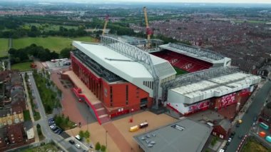 Anfield stadium of FC Liverpool from above - aerial view - LIVERPOOL, UNITED KINGDOM - AUGUST 16, 2022