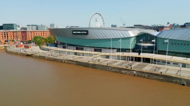 Bank Arena Liverpool Docks Aerial View Liverpool United Kingdom August — Stockvideo