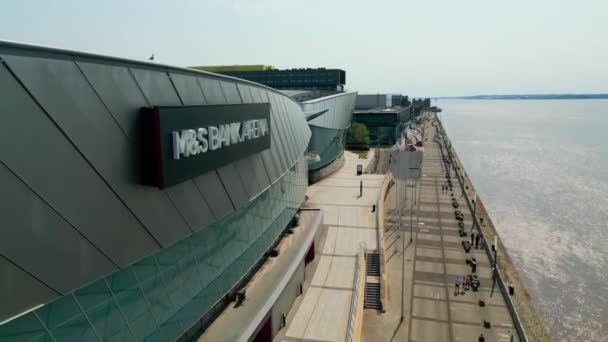 Bank Arena Liverpool Docks Aerial View Liverpool United Kingdom August — Stockvideo