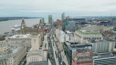 Flight over The Strand in Liverpool - the famous street at Pier Head - drone photography