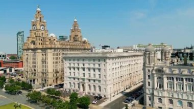 Aerial view over Pier Head and the Royal Liver Building in Liverpool - drone photography