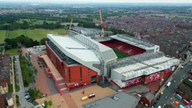 Anfield stadium of FC Liverpool from above - aerial view - LIVERPOOL, UNITED KINGDOM - AUGUST 16, 2022