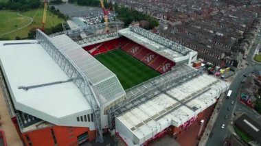 Anfield stadium of FC Liverpool from above - aerial view - LIVERPOOL, UNITED KINGDOM - AUGUST 16, 2022