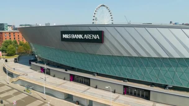 Bank Arena Liverpool Docks Aerial View Liverpool United Kingdom August — Stockvideo