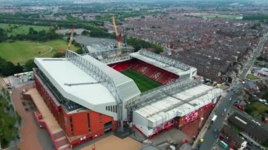 Anfield stadium of FC Liverpool from above - aerial view - LIVERPOOL, UNITED KINGDOM - AUGUST 16, 2022