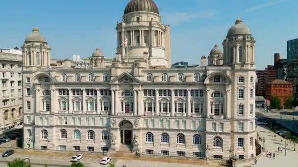 Famous Port Liverpool Building Pier Head Aerial View Drone Photography — Stockvideo