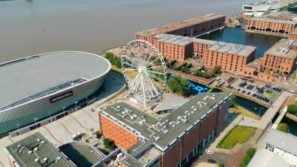 Bank Arena Liverpool Docks Aerial View Liverpool United Kingdom August — Stockvideo