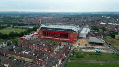 Anfield stadium of FC Liverpool from above - aerial view - LIVERPOOL, UNITED KINGDOM - AUGUST 16, 2022