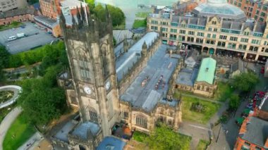 Manchester Cathedral from above - aerial view - MANCHESTER, UNITED KINGDOM - AUGUST 15, 2022
