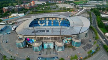 Manchester city football stadium Etihad from above - MANCHESTER, UNITED KINGDOM - AUGUST 15, 2022