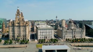 Aerial view over Liverpool Pier Head and the Three Graces - drone photography