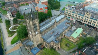 Manchester Cathedral from above - aerial view - MANCHESTER, UNITED KINGDOM - AUGUST 15, 2022