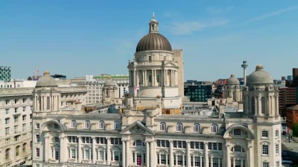 Famous Port Liverpool Building Pier Head Aerial View Drone Photography — Stockvideo