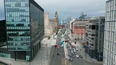 Flight over the Strand in Liverpool - the famous street at the docks - LIVERPOOL, UNITED KINGDOM - AUGUST 16, 2022