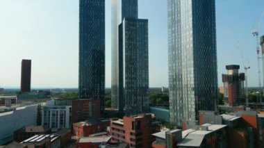 Modern skyscrapers of Manchester Deansgate - aerial view - MANCHESTER, UNITED KINGDOM - AUGUST 15, 2022